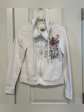 Guess Rhinestone Logo Zip Hoodie Sz Large White Fitted Jacket Y2K McBling grunge